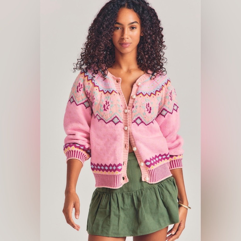 LoveShackFancy Honeypie Classic Boyfriend Cardigan Berry Smash Pearl Button Up